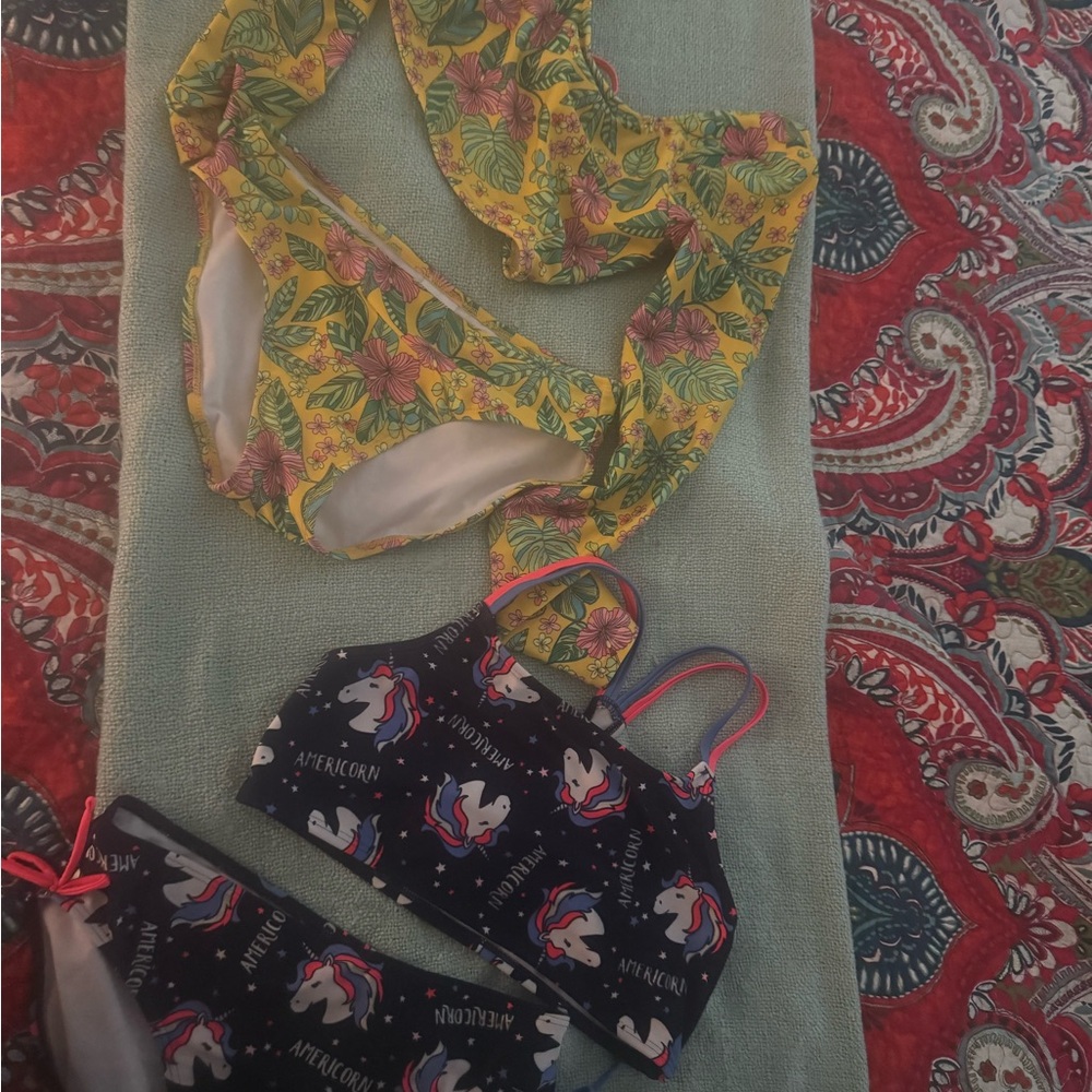Cat & Jack Girls Yellow Tropical Floral Bikini & Black Unicorn Bikini Set